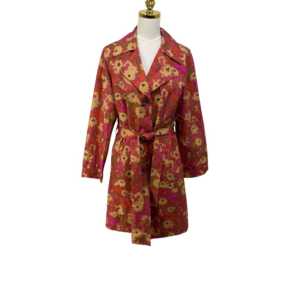 Sigrid Olsen Collection Silk Floral Trench Coat Pink Orange Belted Jacket